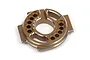 A gold-anodized aluminium motor mount for RC cars with gear mesh adjustment holes labeled 12 through 16.