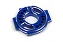 A blue anodized aluminium RC motor mount with gear mesh adjustment holes labeled 12 through 16.