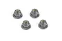 Four silver-coloured flanged nyloc nuts arranged in a square formation on a white background.