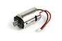 A silver brushed RC motor with a pre-installed metal pinion gear and red and black wires with a white connector.