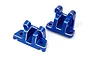 Two blue anodized aluminium shock tower braces for an RC car, shown from an elevated angle against a white background.