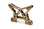 A gold-anodized aluminium front shock tower for an RC car with silver-machined edges and multiple mounting holes.