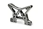 A grey anodised aluminium front shock tower for a Maverick RC car, featuring multiple mounting holes and a machined design.