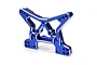 A blue anodized aluminium front shock tower for an RC car, featuring multiple mounting holes and silver-edged detailing.