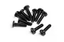 A pile of black metal cap head screws with Phillips drive heads on a white background.