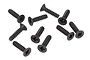 A collection of ten black metal countersunk screws with coarse threads and cross-head drives, arranged on a white background.