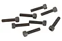 A collection of eight dark grey metal cap head screws scattered on a white background.