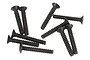 A collection of ten black metal coarse thread countersunk screws scattered on a white background.