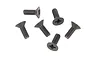 A set of six black metal countersunk head screws with Phillips drive, arranged on a plain white background.