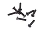 A group of eight black metal countersunk hex head screws scattered on a white background.