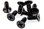 A cluster of seven black metal countersunk head screws with Phillips drive heads, isolated on a white background.