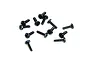 A collection of twelve black metal RC screws with coarse threads and binder heads scattered on a white background.
