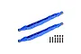 Two blue anodized aluminium rear lower trailing arms for an RC car, accompanied by six black screws and four black nuts, set against a white background.