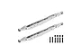 Two silver aluminium RC trailing arms with mounting hardware including six black screws and four black lock nuts on a white background.