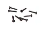 A collection of eight black metal coarse thread binder head screws scattered on a white background.