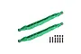 A pair of green anodized aluminium rear lower trailing arms for an RC car, with included black screws and nuts, isolated on a white background.