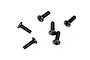 Six black metal binder head screws with Phillips drive heads arranged on a white background.