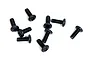 A collection of eight black metal binder head screws with Phillips drive heads scattered on a white background.