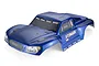A pre-painted blue Atrek Stinger Pro short course truck body shell on a white background.