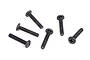 A set of six black metal binder head screws with fine threads, arranged on a white background.