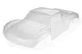 A clear, unpainted 1/10 scale short course truck body shell for RC cars, shown from a high-angle front three-quarter view against a white background.
