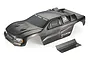 A pre-painted carbon-look Atrek 1/10 Wildfire Pro stadium truck body shell with a separate rear wing on a white background.