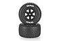 Two Atrek Wildfire Pro knobby RC rear tyres mounted on black six-spoke rims, stacked vertically against a white background.
