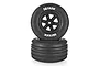 Two Atrek RC stadium truck front wheels with black six-spoke rims and ribbed rubber tyres, stacked on a white background.