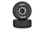 Two Atrek Stinger Pro off-road RC wheels with black rims and knobby rubber tires stacked against a white background.