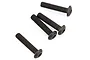 Four black metal button head screws with hex drive sockets arranged on a white background.