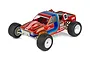 A studio shot of a Team Associated RC10T RC stadium truck with a red, blue, and pink painted body, white wheels, and knobby off-road tires.
