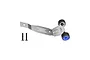 GPM Racing stainless steel wheelie bar for RC cars, featuring a silver metal frame, two black wheels with blue caps, and two mounting screws.