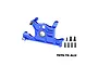 A blue anodized aluminium motor mount for RC cars by GPM Racing, including a pre-installed bearing and a set of black mounting screws.