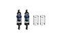 Two GPM Racing aluminium adjustable shock absorbers with black and blue accents, alongside two separate silver coil springs.