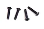 Four black metal countersunk head screws with Phillips drive, arranged on a white background.