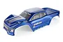 A pre-painted sonic blue RC monster truck body shell for the Atrek Ambush Pro, featuring decals and a glossy finish on a white background.