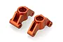 Two orange anodized aluminium RC car rear hubs positioned on a white background.