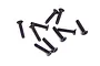 A group of ten black metal countersunk head screws with coarse threads arranged on a white background.