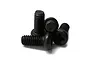 A small pile of four black metal binder head screws with fine threads against a white background.