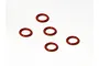 Five small red silicone O-rings arranged on a plain white background.