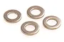 Four small, circular, silver-coloured metal washers arranged on a plain white background.
