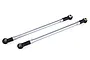 Two silver metal RC car suspension linkages with black plastic rod ends on a white background.