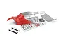 Maverick 1/24 Microbe RC buggy body shell in red and silver, including a separate rear wing, sticker sheet, and foam mounting pads.