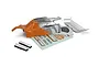 Maverick 1/24 Microbe RC buggy body shell in orange and silver, including a rear wing, sticker sheet, and adhesive foam pads.