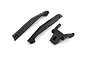A set of black plastic RC car spare parts including two side guards and one bulkhead component on a white background.