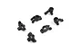A set of six black plastic RC car suspension parts, including steering hubs, C-hubs, and rear hubs, arranged on a white background.