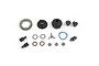 A collection of unassembled RC differential parts including gears, housing, outdrives, screws, and O-rings on a white background.