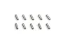 Ten small silver metal axle pins arranged in two rows of five on a white background.