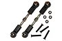 Two adjustable metal turnbuckle linkages with black plastic rod ends, accompanied by four nuts and four flat-head screws.