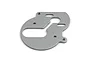 A flat, grey aluminium motor plate for an RC car with various mounting holes and slots, shown on a white background.